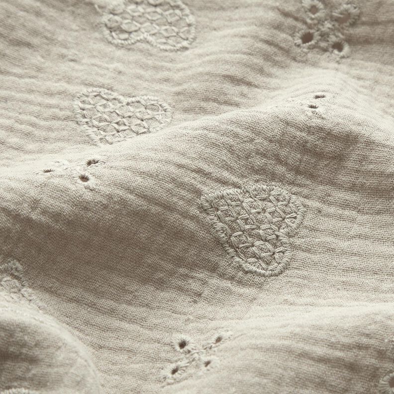 mussolina / tessuto doppio increspato ricami a giorno Cuori – grigio seta,  image number 2