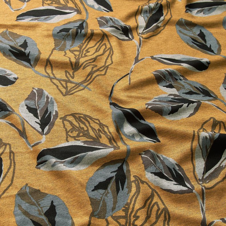 jersey di viscosa grandi foglie autunnali – giallo curry/grigio ardesia,  image number 2