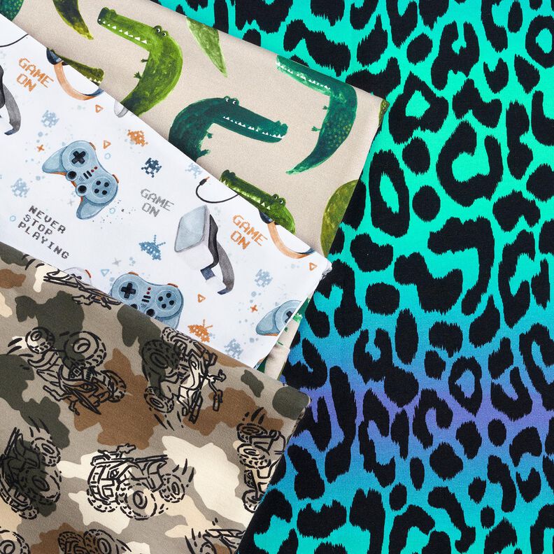 French terry, felpa estiva Leopardo a colore sfumato stampa digitale – lilla bluastro/turchese,  image number 5