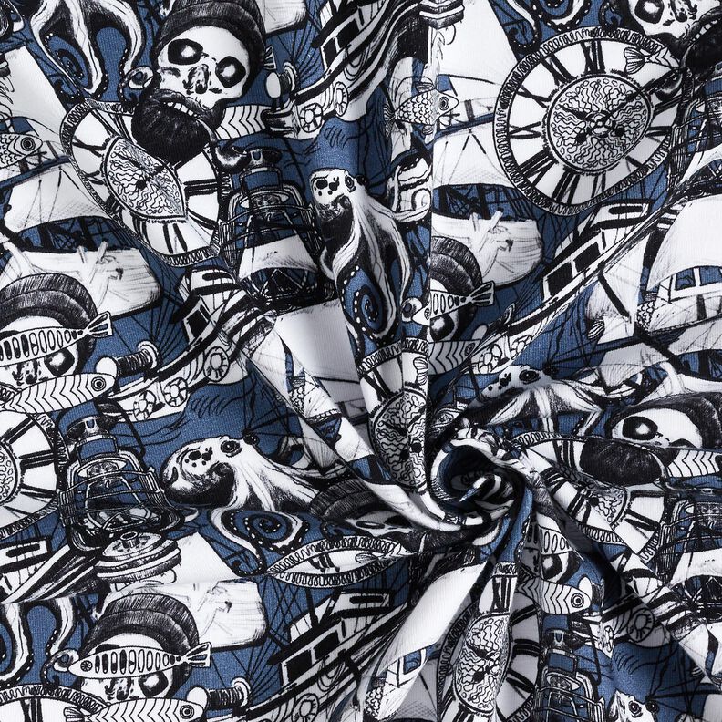 jersey di cotone Motivi di tatuaggio marittimo stampa digitale – colore blu jeans,  image number 3