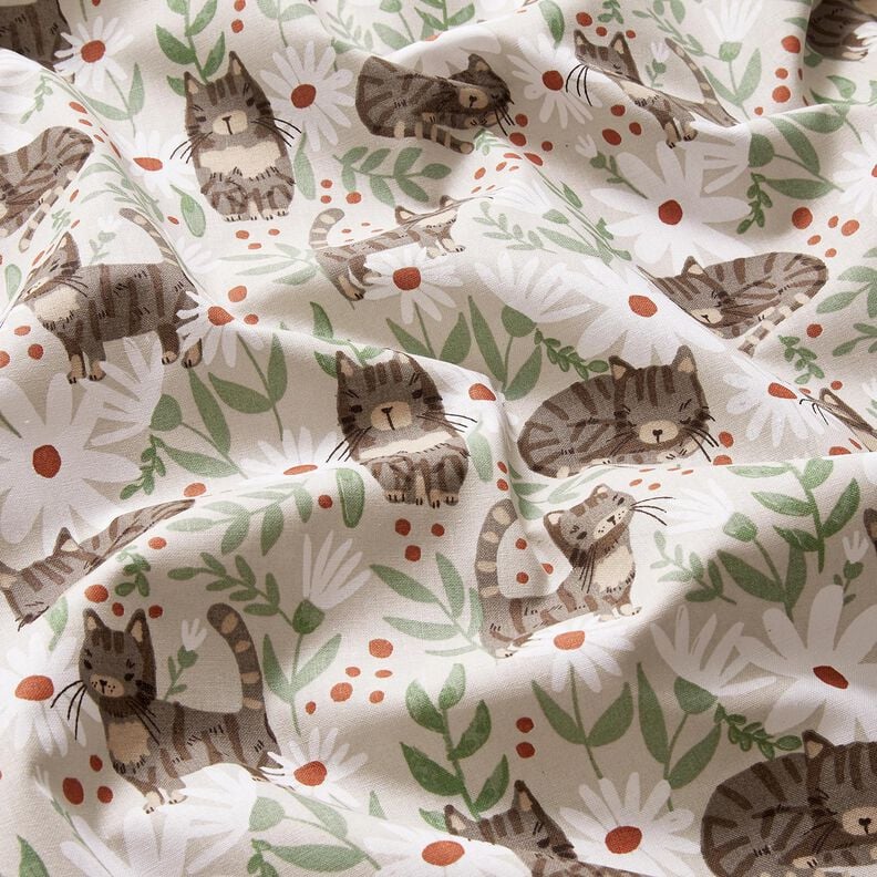 tessuto in cotone cretonne Gatti in un prato fiorito – grigio argento, image number 2