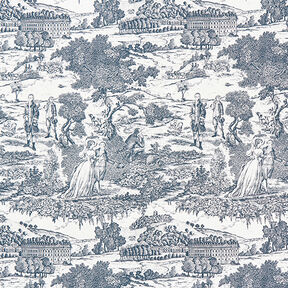tessuto arredo mezzo panama toile de jouy – blu marino/bianco lana, 