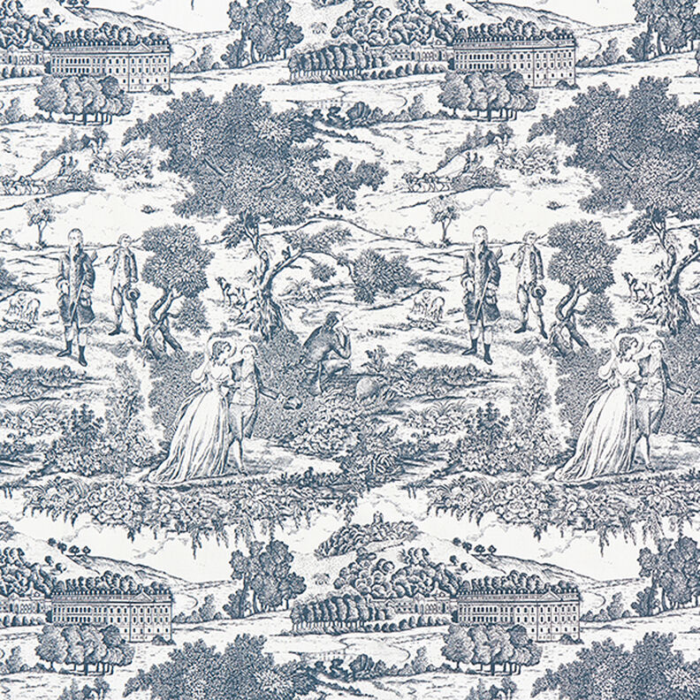 tessuto arredo mezzo panama toile de jouy – blu marino/bianco lana,  image number 1