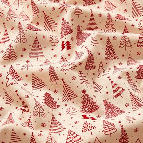 tessuto in cotone cretonne Graziosi abeti – naturale/rosso carminio, 