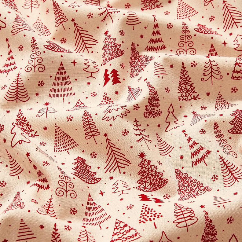 tessuto in cotone cretonne Graziosi abeti – naturale/rosso carminio, image number 2