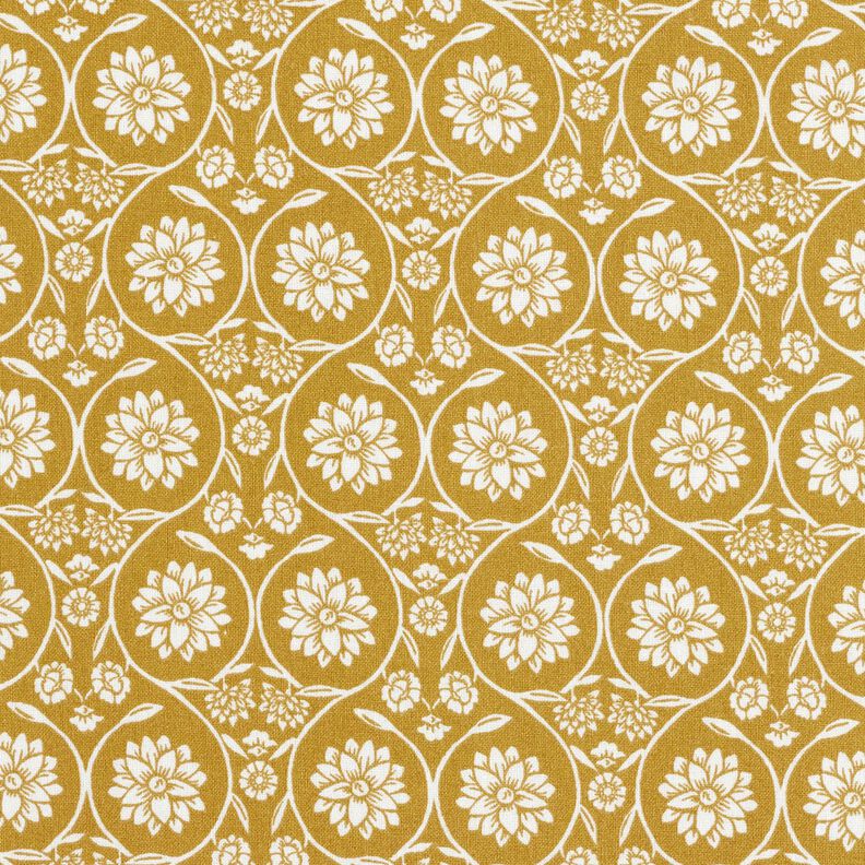 tessuto in cotone cretonne Fiori e tralci – senape/bianco,  image number 1