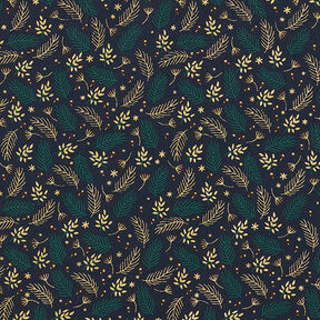 tessuto in cotone popeline Rami e bacche – blu notte/oro, 