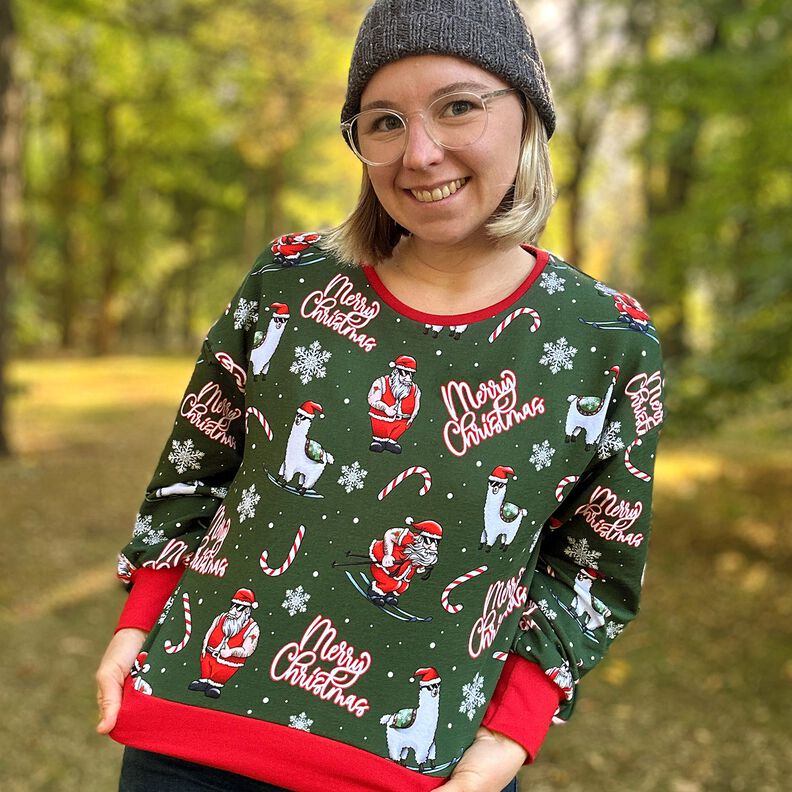 French terry, felpa estiva Babbo Natale e Lama | Glitzerpüppi – verde abete/peperoncino, image number 5