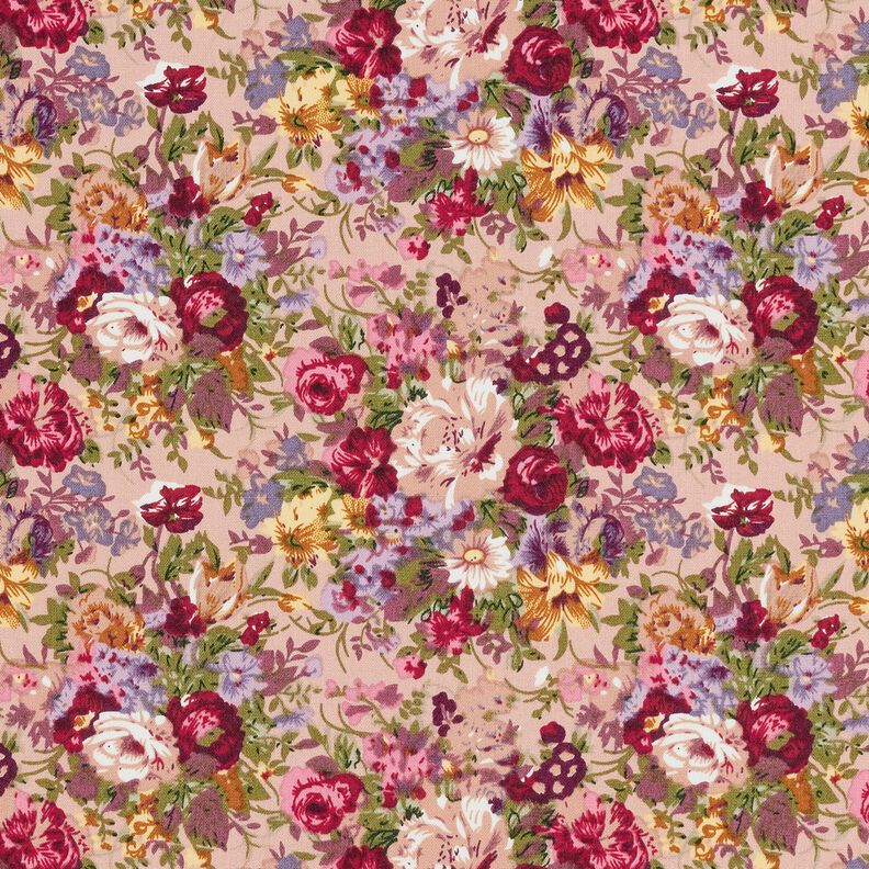 popeline di cotone Bouquet di fiori romantici – rosa antico chiaro/rosso carminio, image number 1