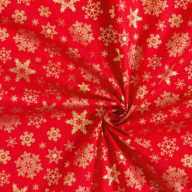 tessuto in cotone popeline Cristalli di neve – rosso/oro, image number 3