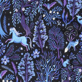 French terry, felpa estiva foresta incantata stampa digitale | Poppy Fabrics – nero-azzurro/lillà,  French terry, felpa estiva foresta incantata stampa digitale | Poppy Fabrics – nero-azzurro/lillà,