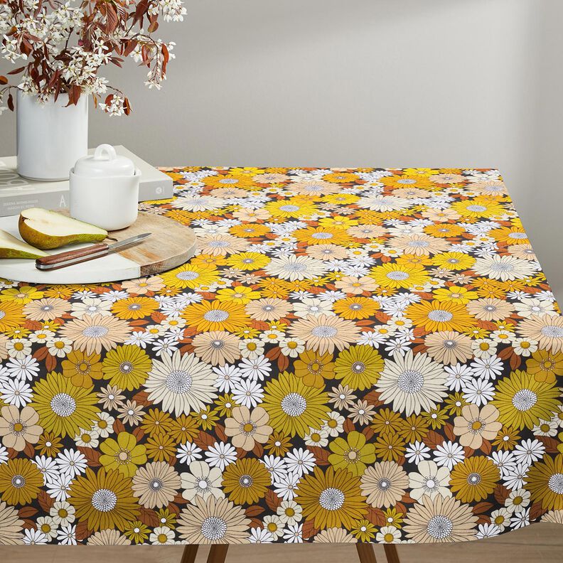 tessuto in cotone cretonne Grandi fiori retrò – nero/giallo sole,  image number 6