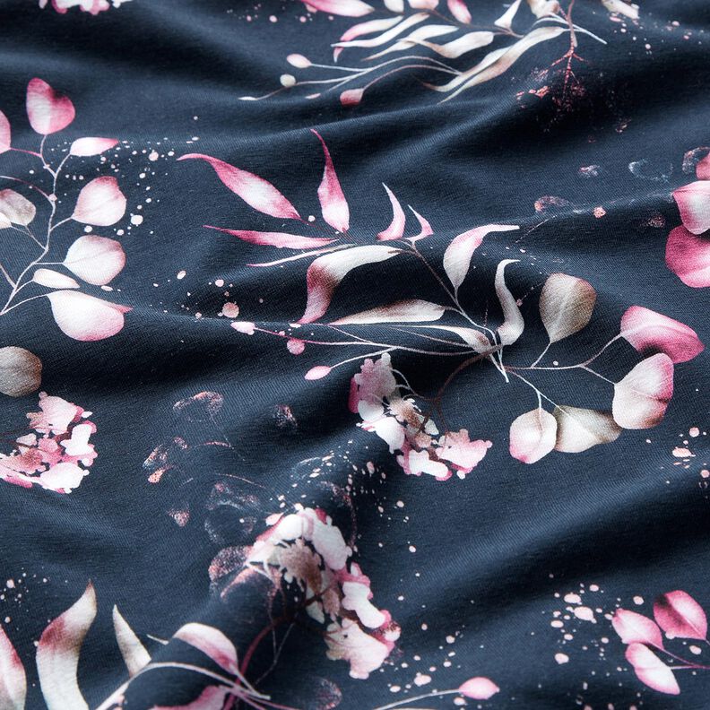 jersey di cotone Eucalipto e ortensie | Glitzerpüppi – blu notte/rosa, image number 6