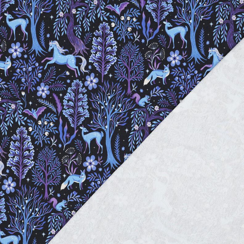 French terry, felpa estiva foresta incantata stampa digitale | Poppy Fabrics – nero-azzurro/lillà,  image number 4