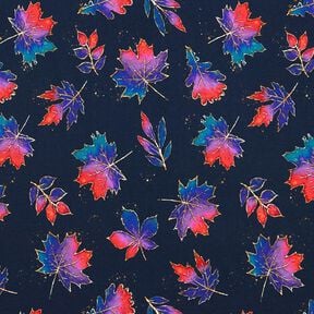 French terry Foglie autunnali variopinte | Glitzerpüppi – blu notte/rosso fuoco, 