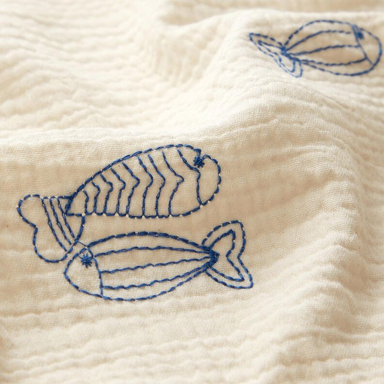 mussolina / tessuto doppio increspato Pesci ricamati | Poppy Fabrics – bianco lana/blu reale,  image number 6