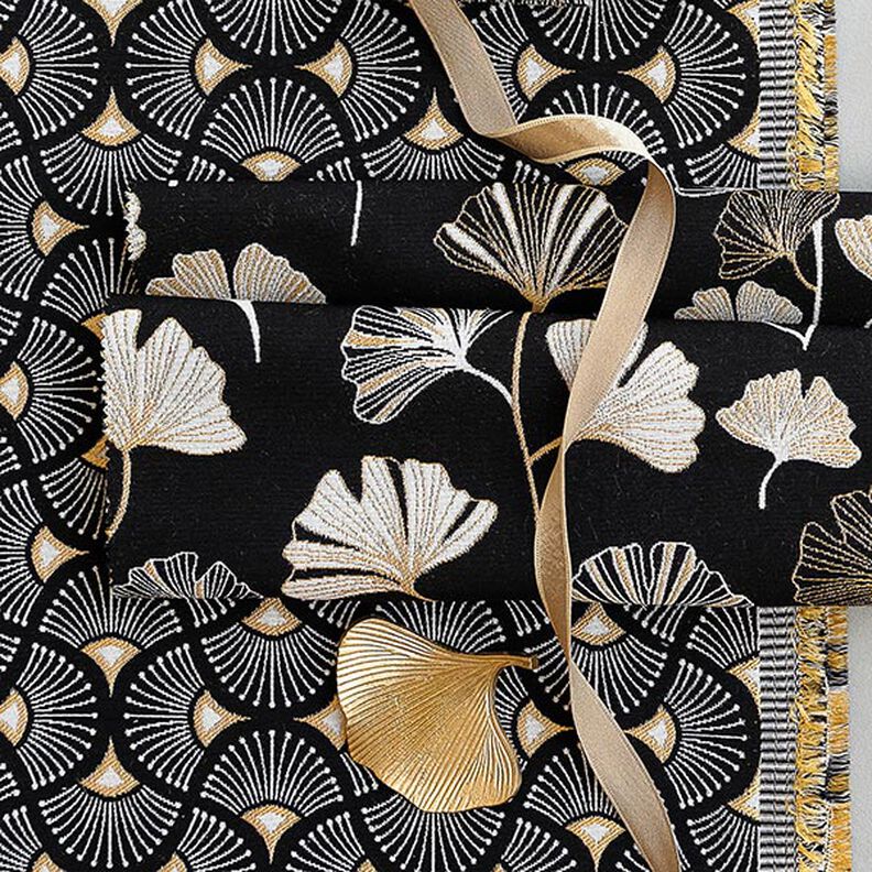 tessuto arredo Jacquard foglie di ginkgo – nero/oro,  image number 7
