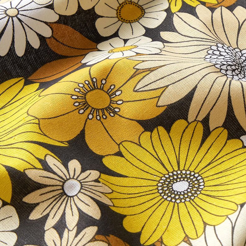 tessuto in cotone cretonne Grandi fiori retrò – nero/giallo sole,  image number 2