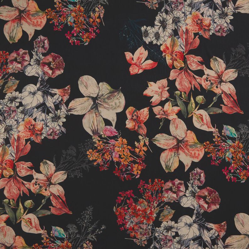 Quadri di fiori in chiffon crêpe – nero,  image number 1