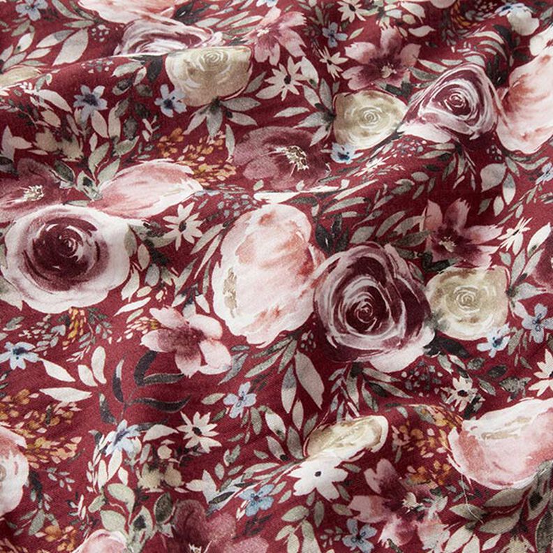 mussolina / tessuto doppio increspato rose acquerello stampa digitale – rosso Bordeaux,  image number 3