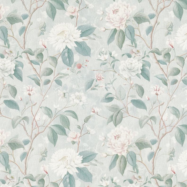tessuto in cotone popeline sottili rami in fiore – blu-argento, image number 1