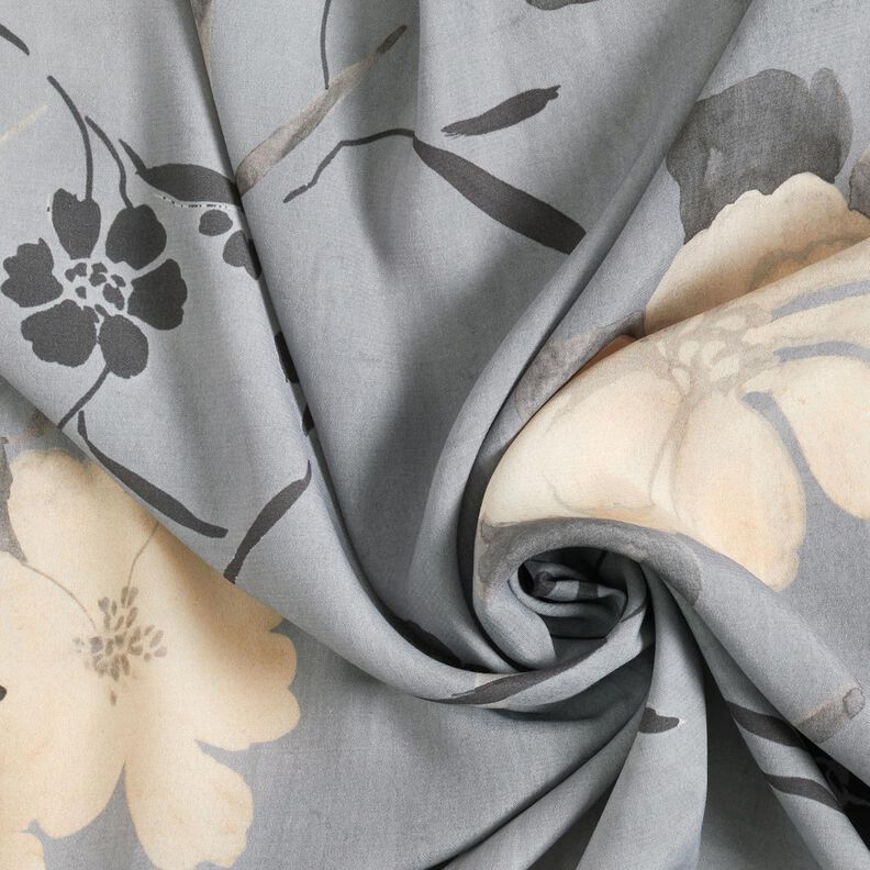 Tessuto viscosa con fiori ad acquerello – grigio,  image number 3