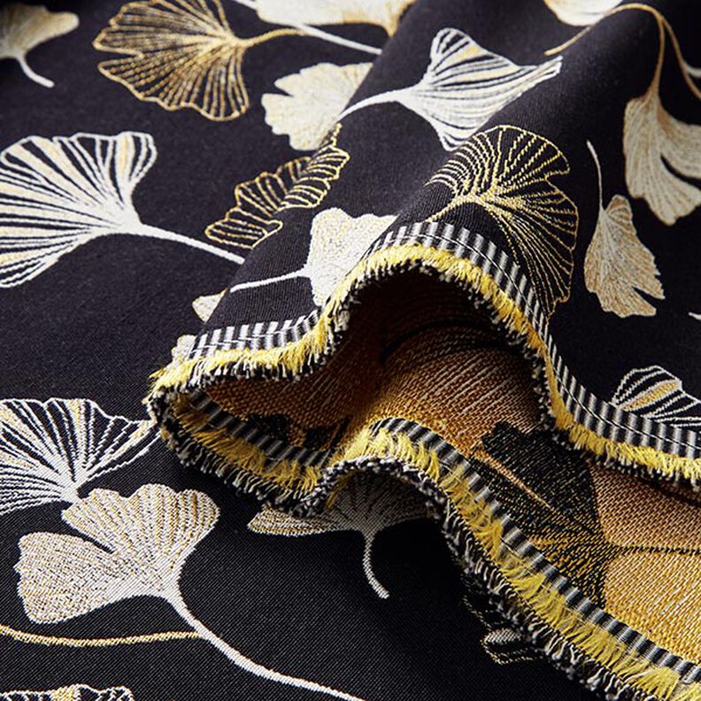 tessuto arredo Jacquard foglie di ginkgo – nero/oro,  image number 3