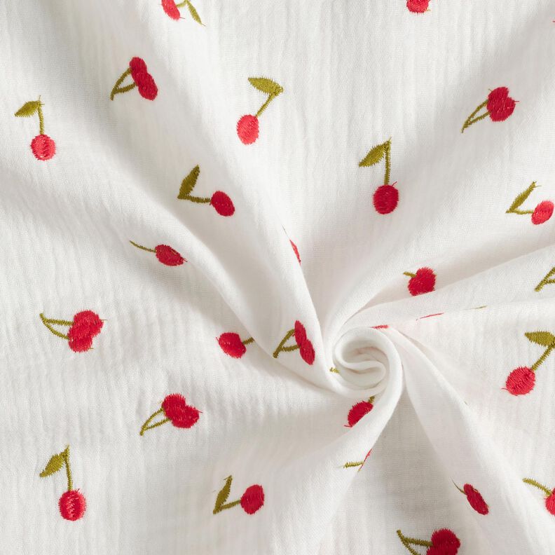 mussolina / tessuto doppio increspato Ciliegie ricamate | Poppy Fabrics – bianco/rosso fuoco,  image number 3