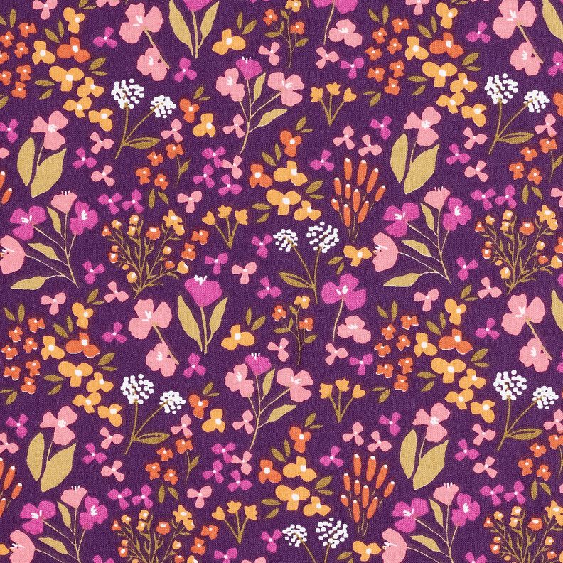 tessuto in cotone cretonne Fiori di campo – melanzana/rosa,  image number 1