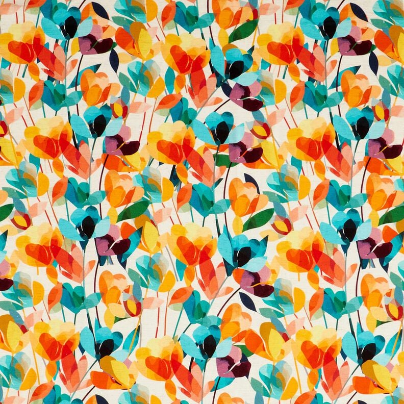 misto lino viscosa Fiori stilizzati – bianco lana/arancione, image number 1