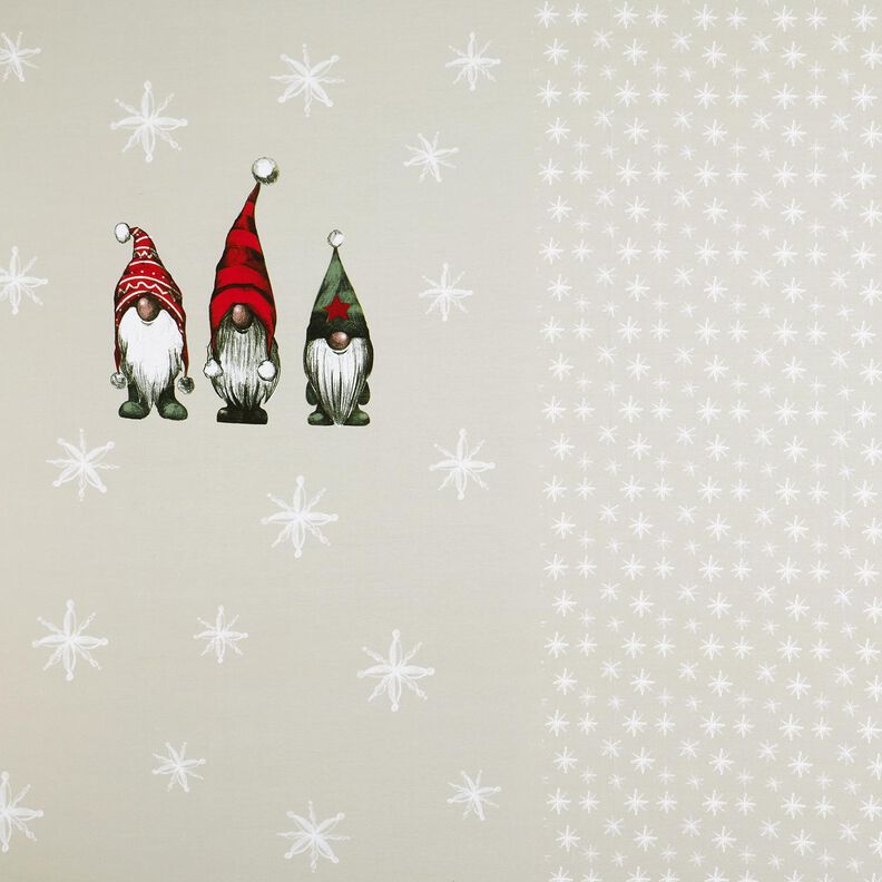 French terry, felpa estiva taglio di tessuto Tre gnomi di Natale – beige,  image number 1