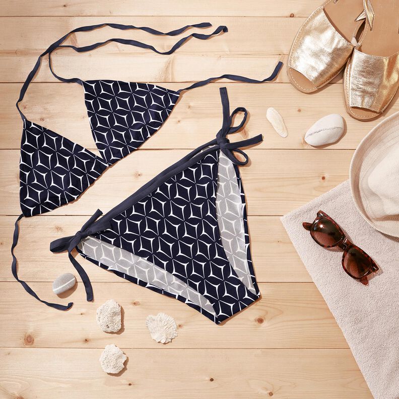 Tessuto per costumi da bagno a rombi astratti – blu notte/bianco,  image number 6