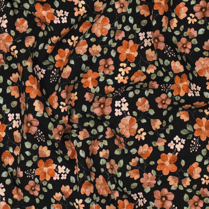 GOTS jersey di cotone fiori autunnali stampa digitale – nero/arancio pesca,  image number 2