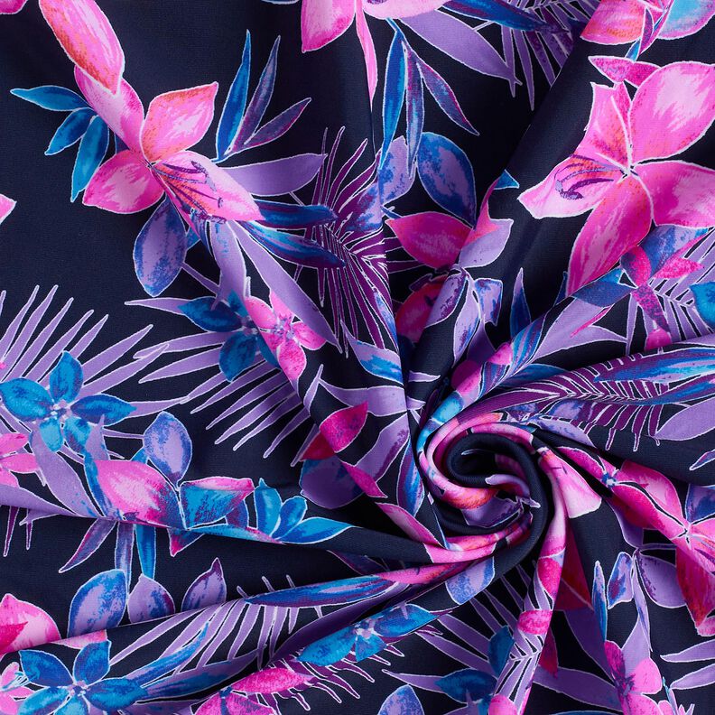 tessuto per costumi da bagno Fiori tropicali – blu marino/pink,  image number 3