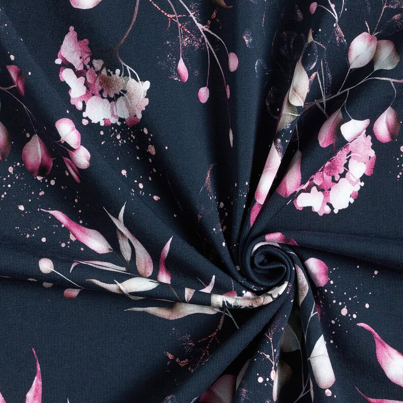 jersey di cotone Eucalipto e ortensie | Glitzerpüppi – blu notte/rosa, image number 3