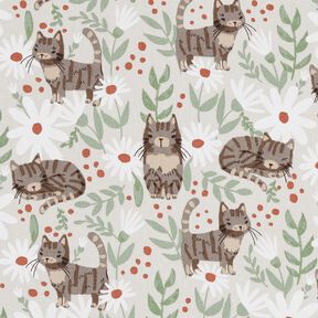 tessuto in cotone cretonne Gatti in un prato fiorito – grigio argento, 