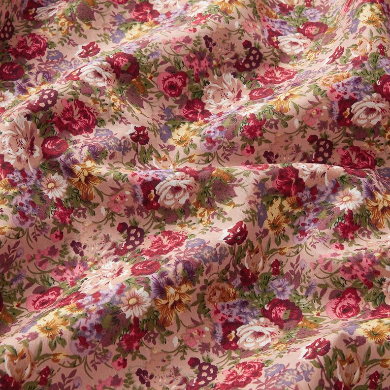 popeline di cotone Bouquet di fiori romantici – rosa antico chiaro/rosso carminio, image number 2